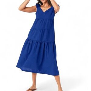 Old Navy Tiered Seersucker All-Day Dress M Blue Tie-Bow Back Coastal Classic